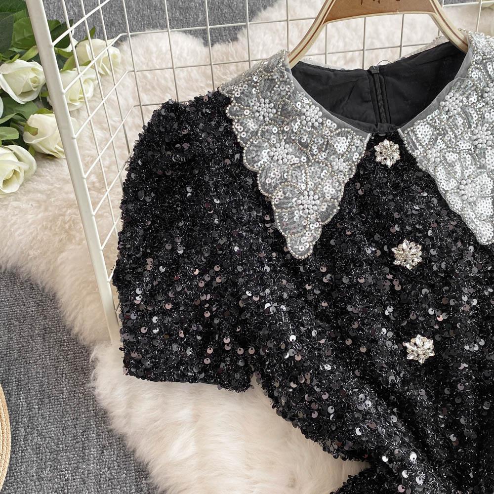 Summer Women Sweet Peter Pan Collar Black Sequined Diamonds Button Mini Short Fairy Princess Party Dresses