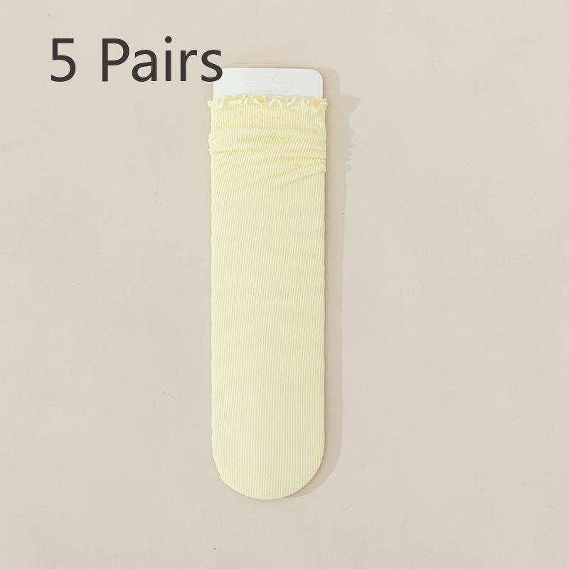 

5 пар летних носков из ледяного шелка с котиками для женщин, тонкий стиль с краями «черный гриб», средней длины, белые, пушистые и милые ледяные чулки 5 pairs молочный белый