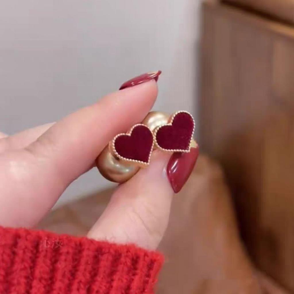 Red Heart Beaded Earrings Light Luxury Minimalist Elegant Versatile Jewelry for Women