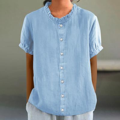 Sommer Stehkragen Knopf Dekoration Reine Farbe Kurzarm Damen T-Shirts