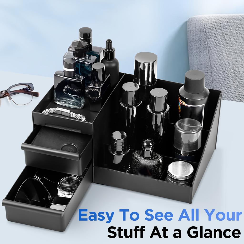 Men's Plastic Organizer with Adjustable Shelves for Skincare, Perfume & Toiletries. Sturdy & Space-Saving. Ideal Gift!