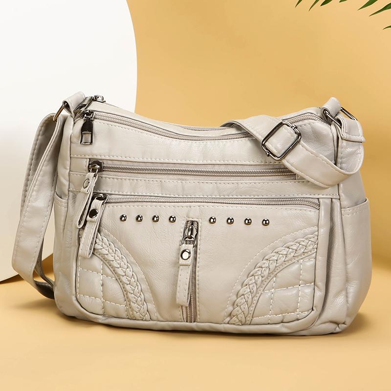 Damentasche Weiches Leder Mehrschichtige Schultertasche Einfarbige Umhängetasche Leichte Muttertasche