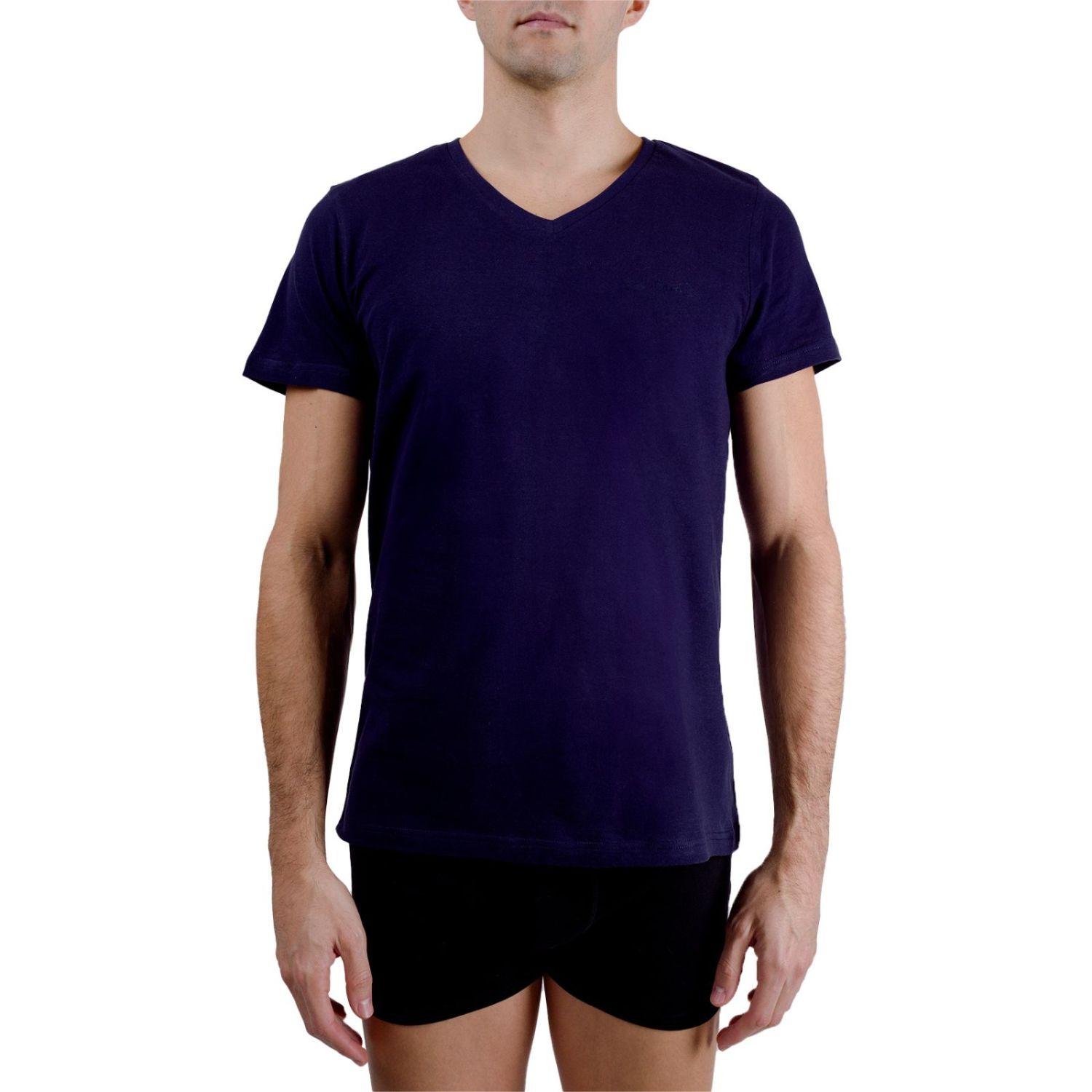 T-shirt homme en col v avec broderie sur la poitrine L bleu