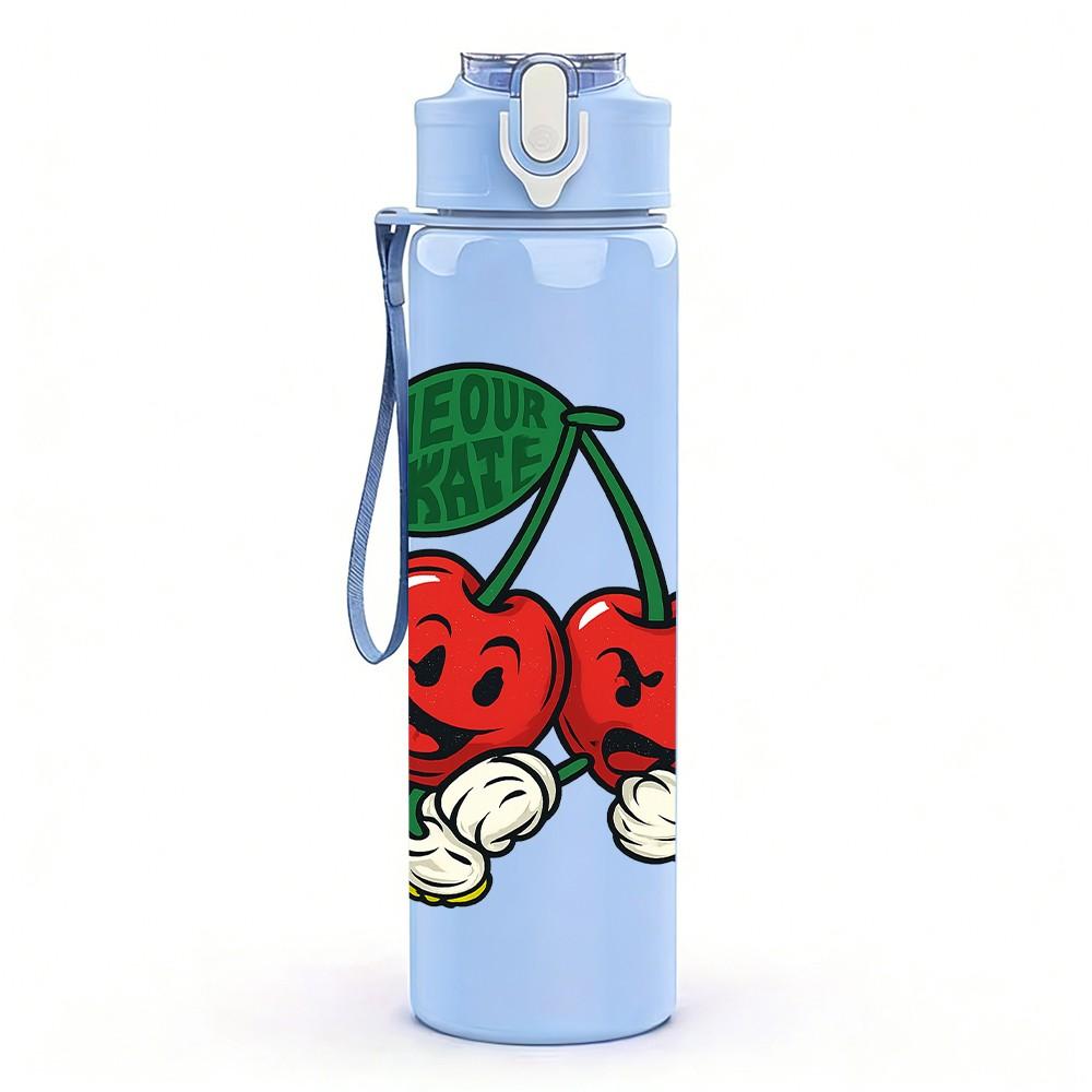 1PC Cherry Fruit Berry Design 750ml Color Plastic Sports Water Bottle Leakproof Flip Straw Lid Suitable for Sports Office Home Use
