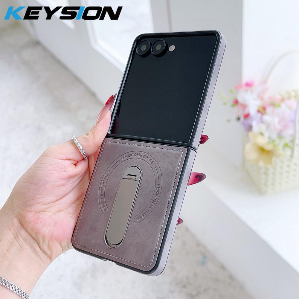 

KEYSION Luxuxy Retro PU Leather Case for Samsung Galaxy Z Flip 7 FE 6 5 4 3 5G 360° Rotation Kickstand Shockproof Phone Back Cover for Galaxy Z Flip 3 серый