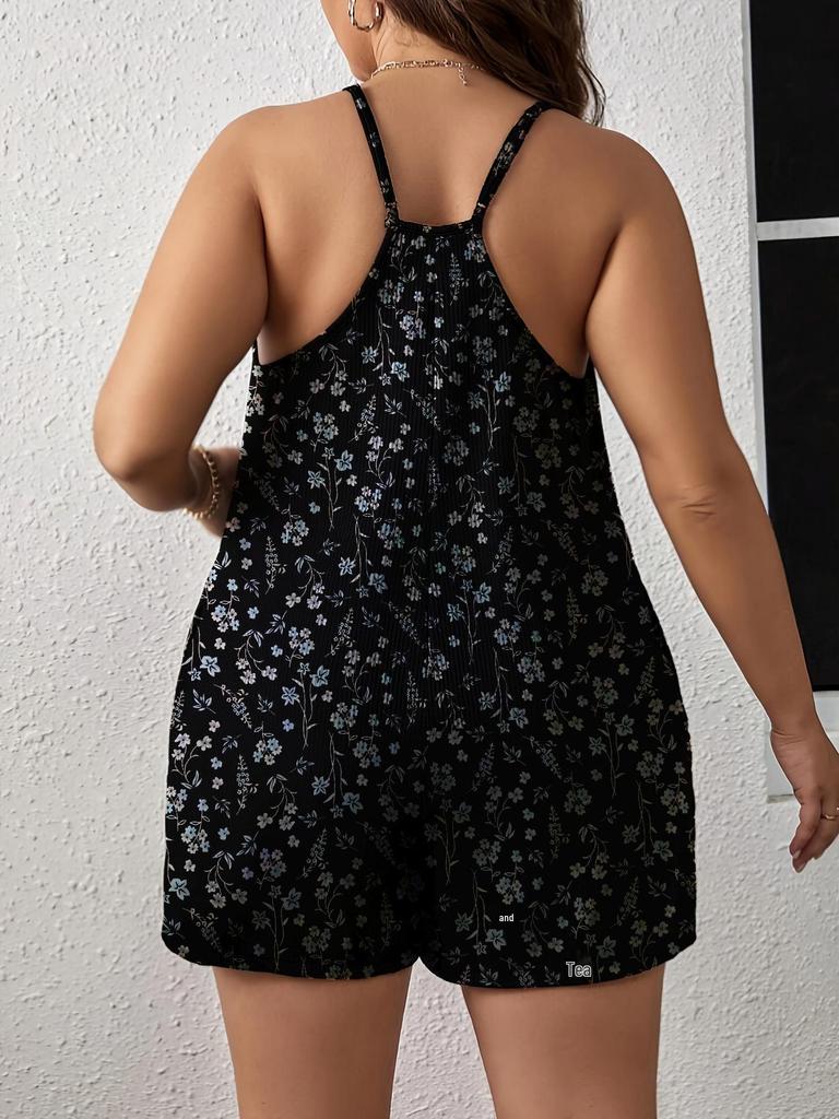 Armee Grün Floral Spaghettiträger Strick Stretch Jumpsuit - Große Größen Damen Vielseitige Sommerkleidung