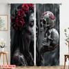 2pcs,2D plane printing Curtains Digital Printed Gothic Roses Skulls Durable 100% Polyester Fabric (without rod) Versatile All