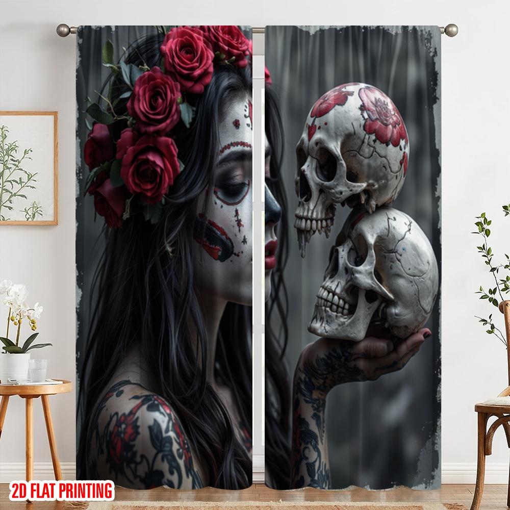 2pcs,2D Plane Printing Curtains Digital Printed Gothic Roses Skulls Durable 100% Polyester Fabric (without Rod) Versatile All