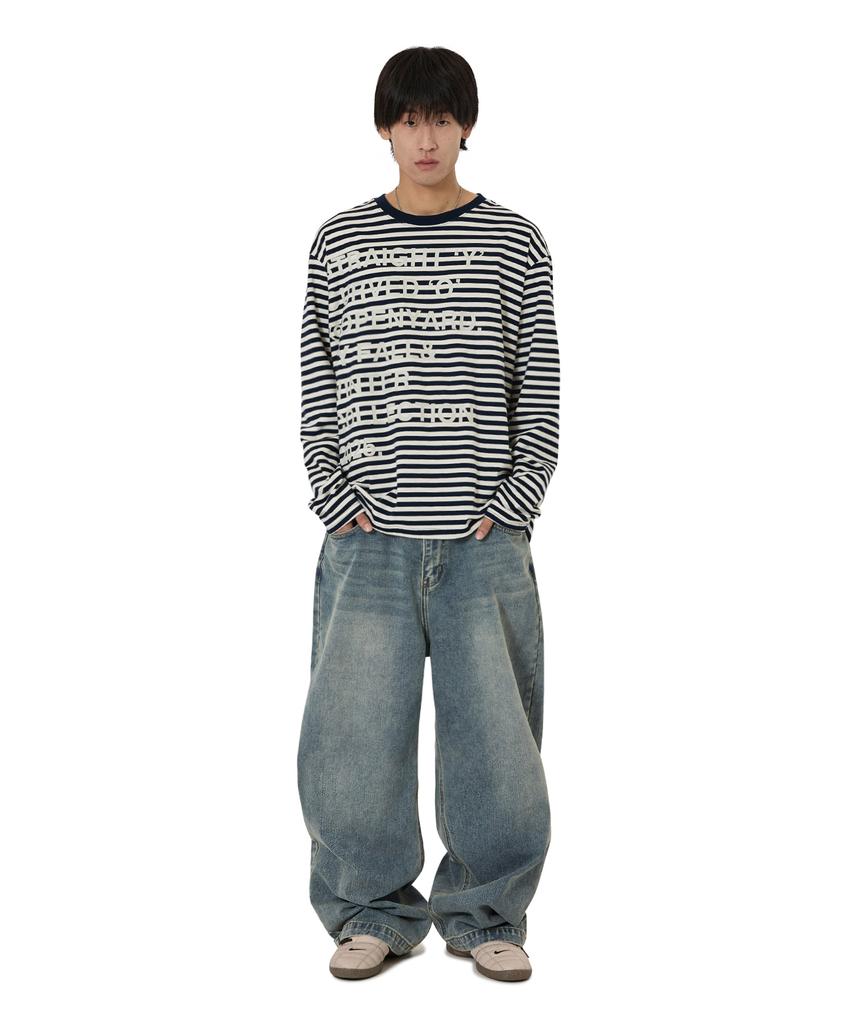 Opeunyadeu(Owai) Stripe Bold Letter L/S Tee - Navy