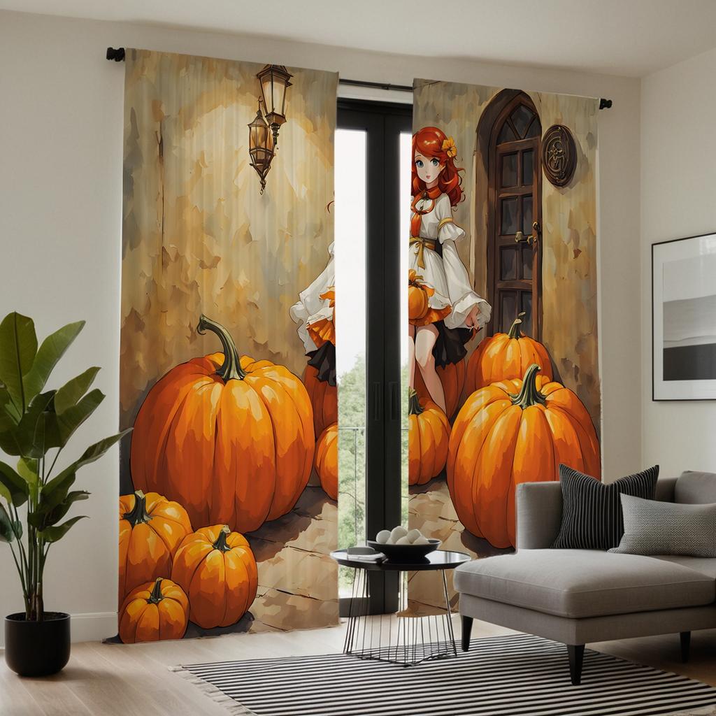 2pcs HD Back Room Pumpkin cartoon Girl curtain Yellow tie digital printed curtain Home Decoration style Decorate living room