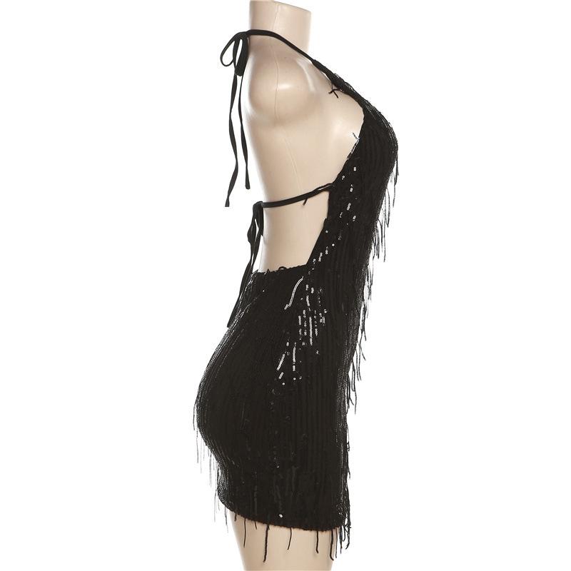 Spring and Summer New Women's Fashion Halter Neck Sexy Backless Sequined Tassel Dress for Women