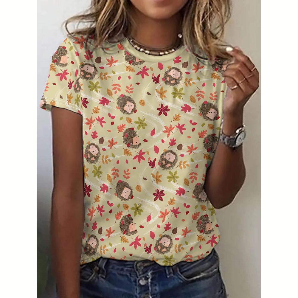 Maglietta estiva da donna con stampa di riccio animale, casual, girocollo, manica corta, pullover, per tutti i giorni, all'aperto, abbigliamento oversize da donna