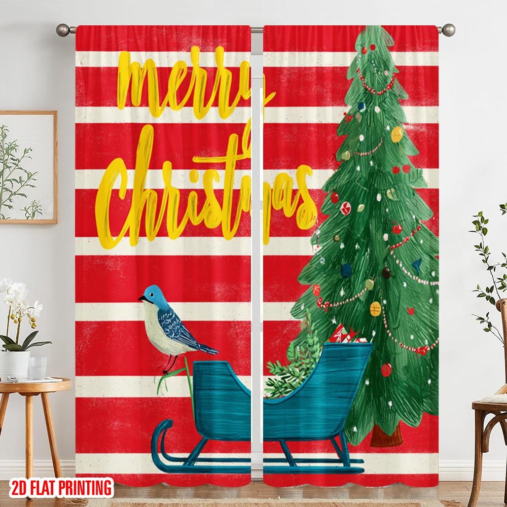 2pcs,2D plane printing Curtain Popular Xmas Tree_ Red & White Stripes_ Golden Dots & Birds Versatile Polyester Fabric (without