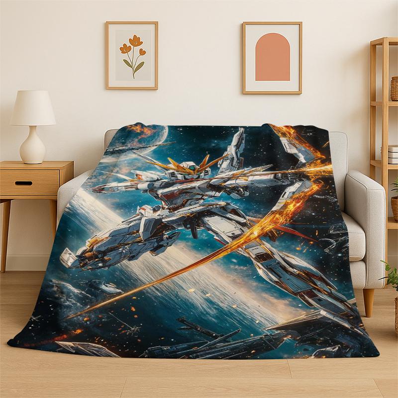 Classic Gundam Cartoon Robot Flannel Blanket Soft Warm Throw Blanket for Bedroom Living Room Bed Travel Camping Picnic Kids