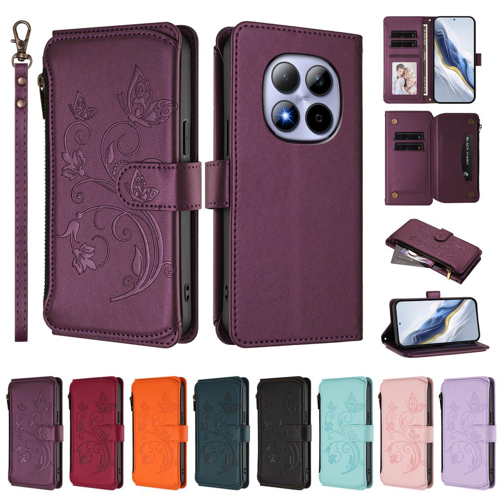 For Xiaomi Redmi Note 15 Pro 5G Leather Case Butterfly Floral Imprint Zipper Wallet Stand Cover with Wrist Strap