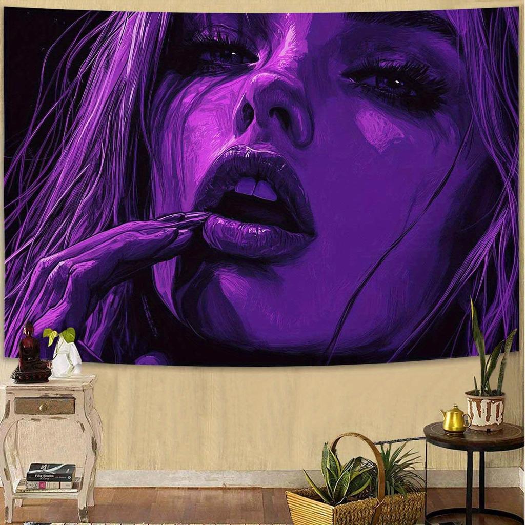 Vibrant Purple Portrait Tapestry Bold Woman Smoking Wall Art for Bedroom or Living RoomLarge Decorative HangingAdd Edgy Style
