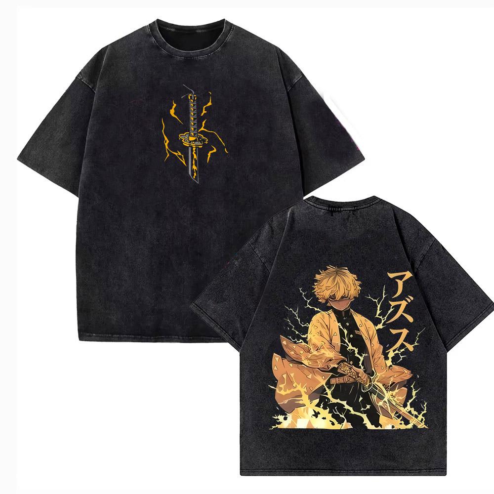 Demon Slayer Blade Charcoal Jiro Extra Large Retro Washed Mens Tshirt Summer New Style Suitable for Both Men and Women