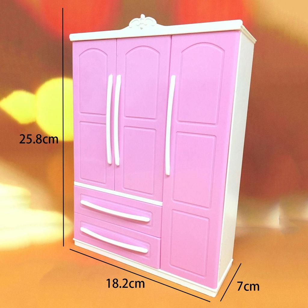 Pink Doll Wardrobe Storage Cabinet Scenery Play House Furniture with 10 Clothes Hangers Accessories