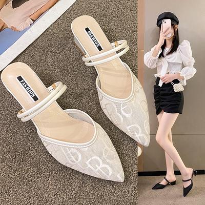 Sandals Women Summer Large Square Root Pointed Mesh Strappy Roman Sandals