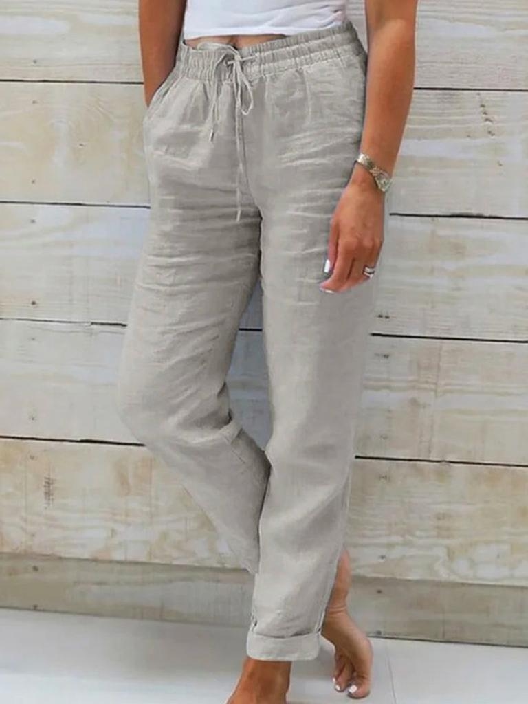 New Style Women's High Waist Elastic Waist Solid Cotton Linen Casual Pants