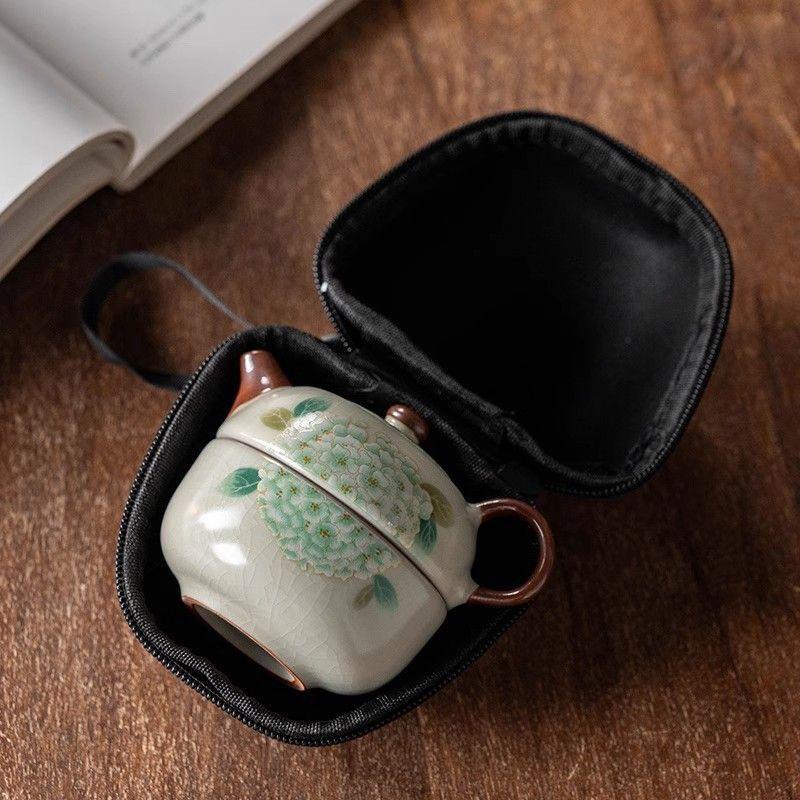 Ru Kiln Travel Tea Set 1 Teapot and 1 teacup, Ceramic Quick Cup, Simple Kung Fu Teaware Infuser, Portable Bag