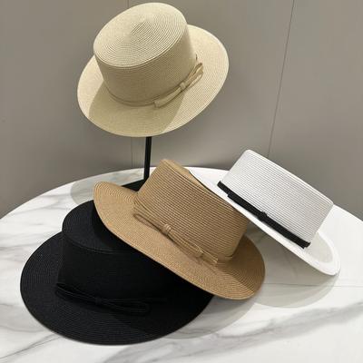 2025 Simple Flat Top Straw Hat Solid Color Bow Hat French Fine Paper Braided Top Hat Women'S Casual Sunscreen Beach Hat