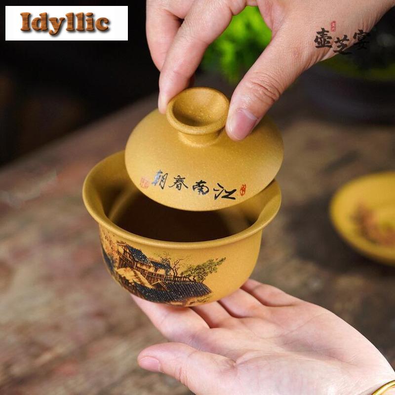 170ml Yixing Purple Clay Jiangnan Spring Gaiwan Antique Tea Tureen Tea Bowl With Lid Kit Tea Maker Cover Bowl Cafes Ornaments