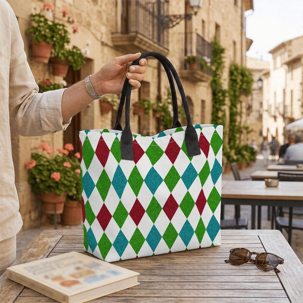 Colorful Argyle Canvas Tote Bag Large Capacity Casual Daily Shoulder Bag for Shopping Travel