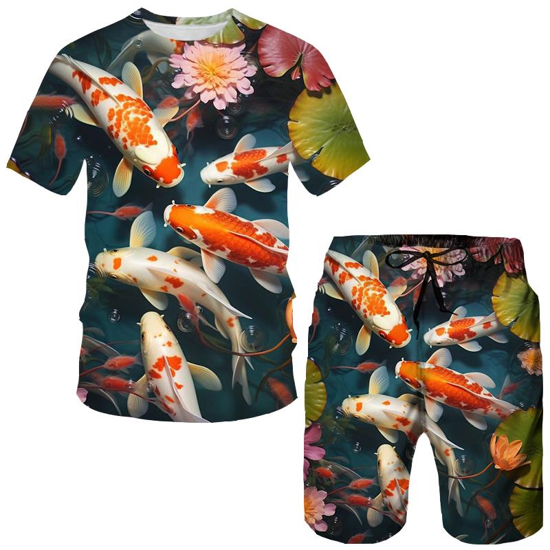 Letnie koszulki z nadrukiem 3D karpi koi, zestawy szortów, męskie dresy, oversize koszulka z krótkim rękawem, zestaw spodni, męskie garnitury, odzież