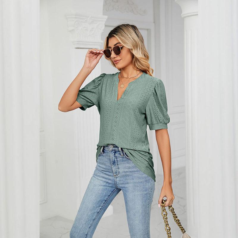 Summer Women's T-shirt Casual V-neck Solid Color Hollowed Out Bubble Sleeve Loose T-shirt Tops Female