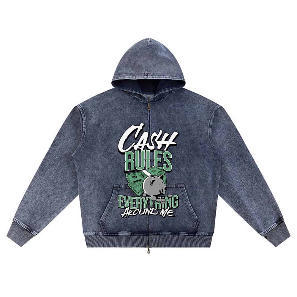 DTG Print Knitted Denim Zip-Up Hoodie Cash Rules Brother Print Zipper Hoodies  