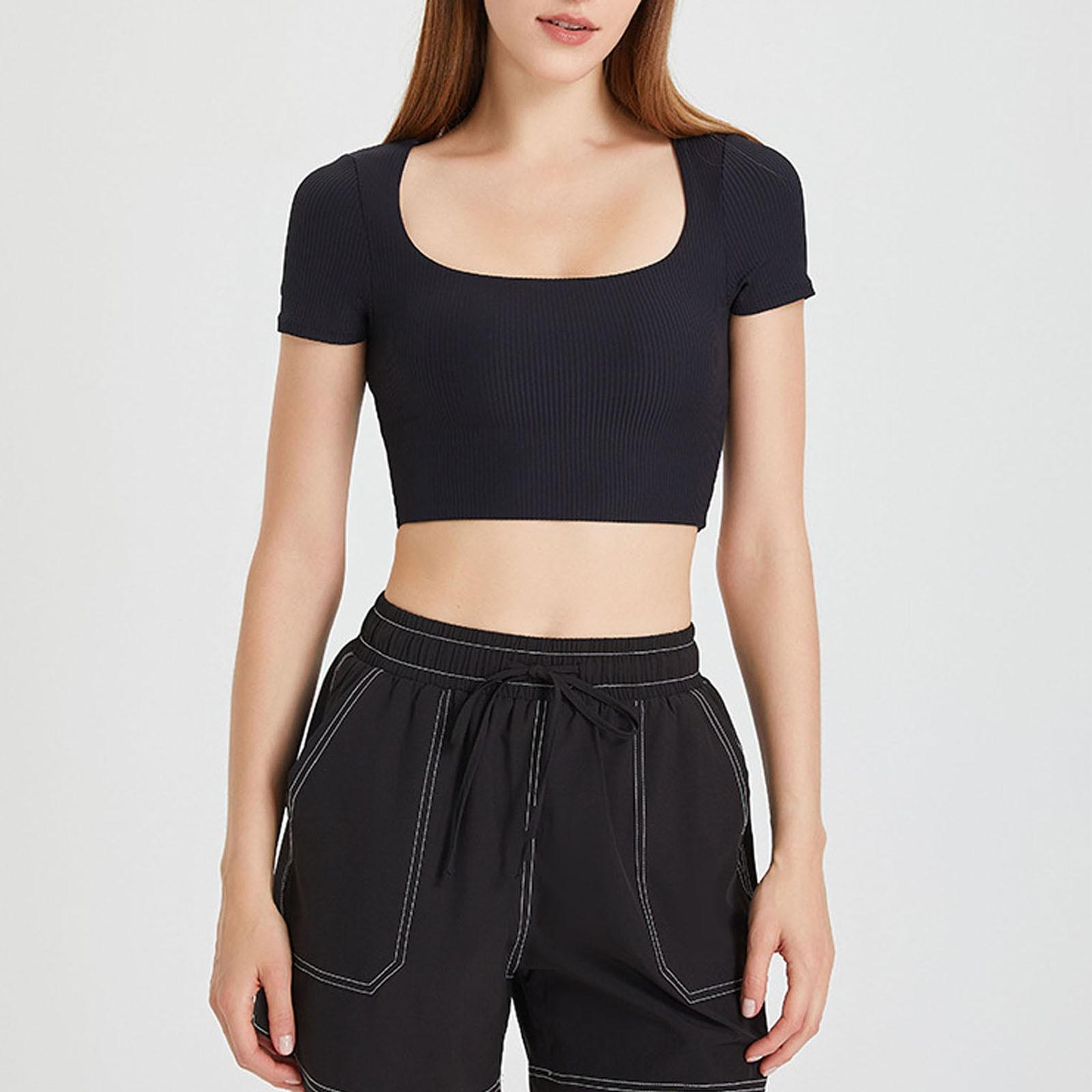 

Женский базовый укороченный топ с квадратным вырезом для прогулок, футболка с короткими рукавами, летняя одежда S чёрный