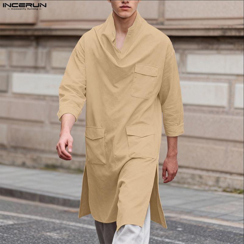 INCERUN Camicie Lunghe Casual Larghe da Uomo con Collo a Sottana e Maniche a 3/4