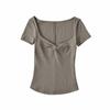 YPFF Women's Trendy Solid Color V-Neck Twist Knot American T-Shirt