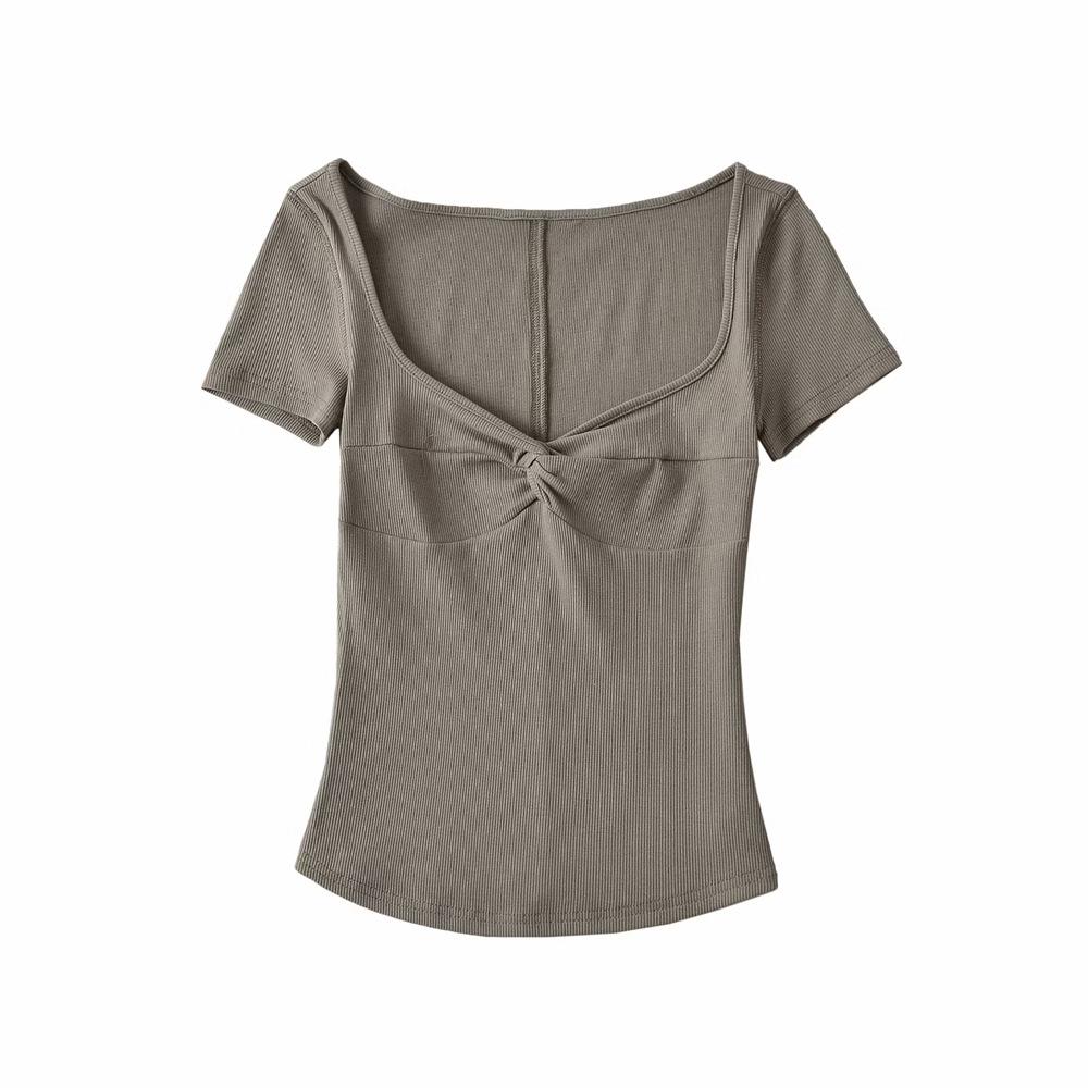 

YPFF Женская модная однотонная футболка с V-образным вырезом и узлом-скруткой в американском стиле Small