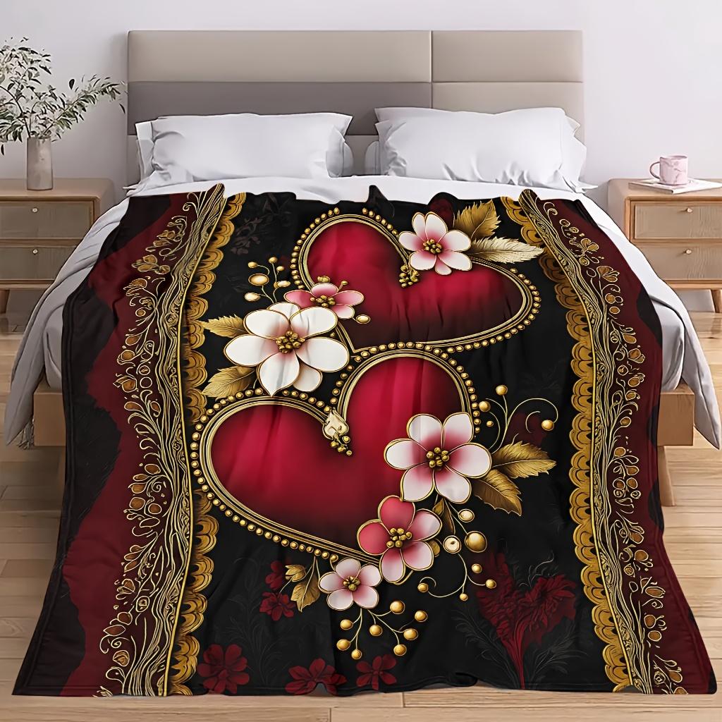 Comfortable Red Black Heart Floral Pattern Blanket Soft High-Definition Digital Print Cooling Blanket All-Season Use Soft Breathable 100% Polyester Pe