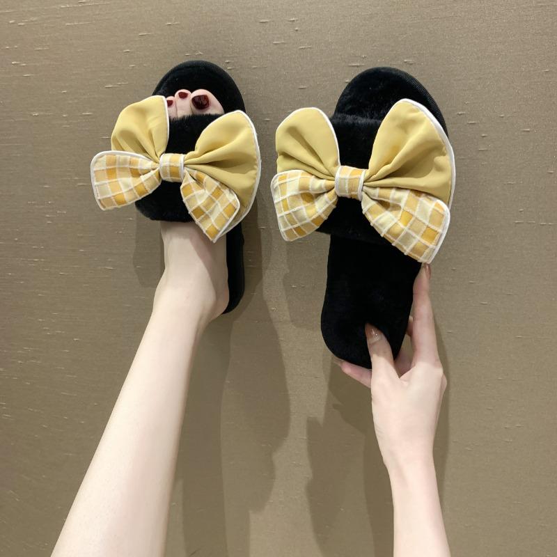 Fashion Casual Fluffy Slippers Women House Flats Fashion Winter Bowknot Designer Shoes Ladies Home Plush Platform Elegant Footwear 2025