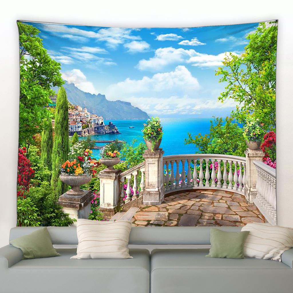 European Seaside Town Flower Tapestry Retro Italian Architecture Plant Scenery Wall Hanging Living Room Room Home Decoration