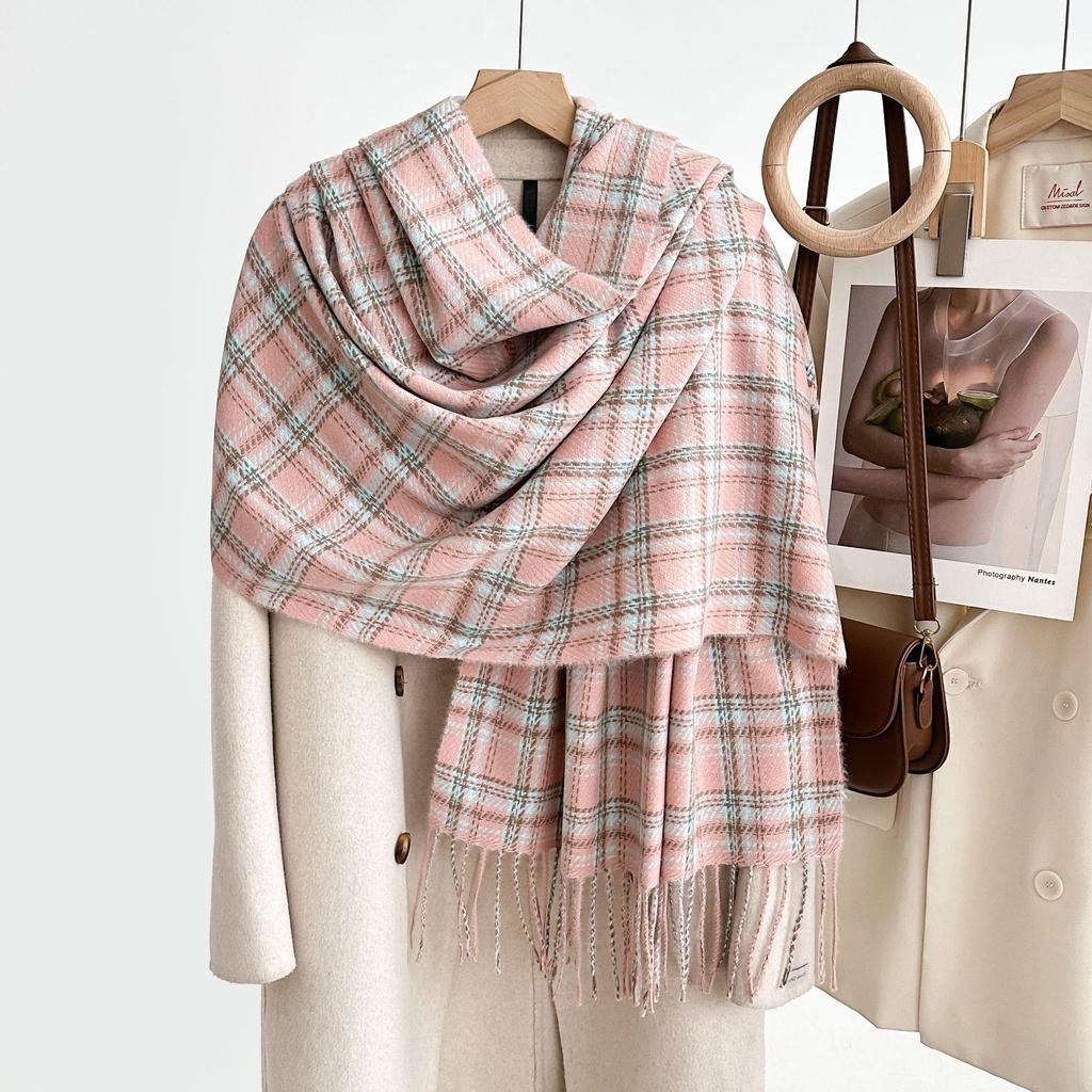 Women's Winter Plaid Imitation Cashmere Tassel Scarf, Thickened Korean Style Neck Warmer