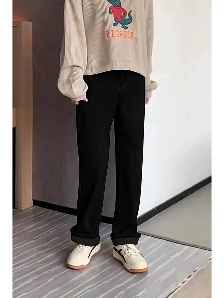 Plus Size High-Waisted Fleece-Lined Wide-Leg Jeans for Women - Autumn/Winter Straight Floor-Length Pants