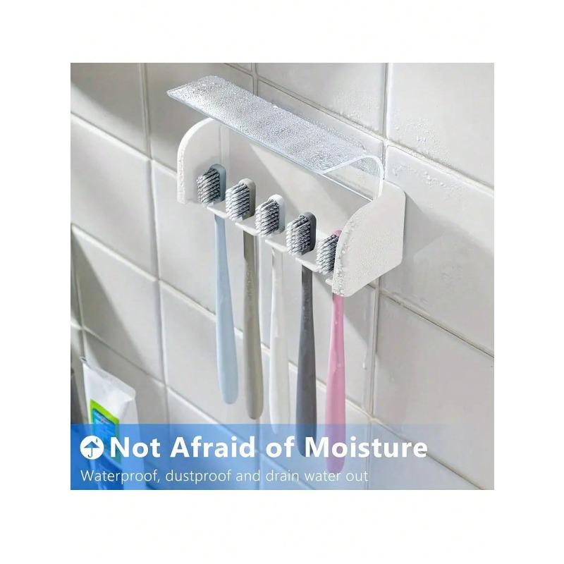 A 5-Tooth Brush Holder With Cover, Self-Adhesive Wall Toothbrush Storage Holder, Plastic Bathroom Supplies For Dorm Rooms And Showers