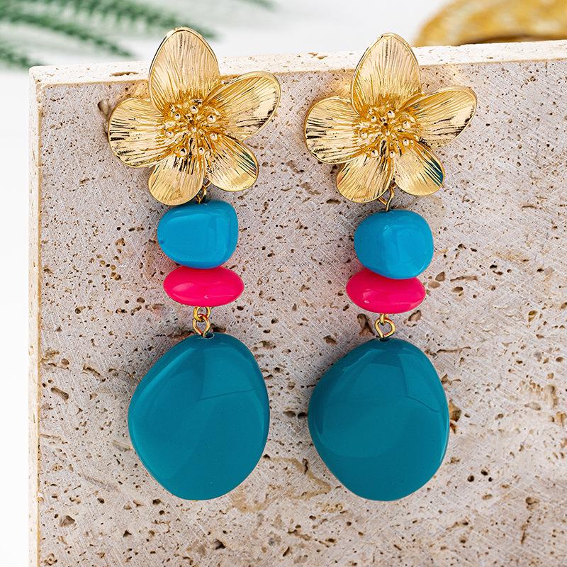 Metal Flower and Blue Stone Drop Earrings for Women Simple Fashion Ear Jewelry Accessories Hot Sale Party Gift 2025 New Style