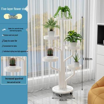 White 5-Tier Wrought Iron Rolling Plant Stand
