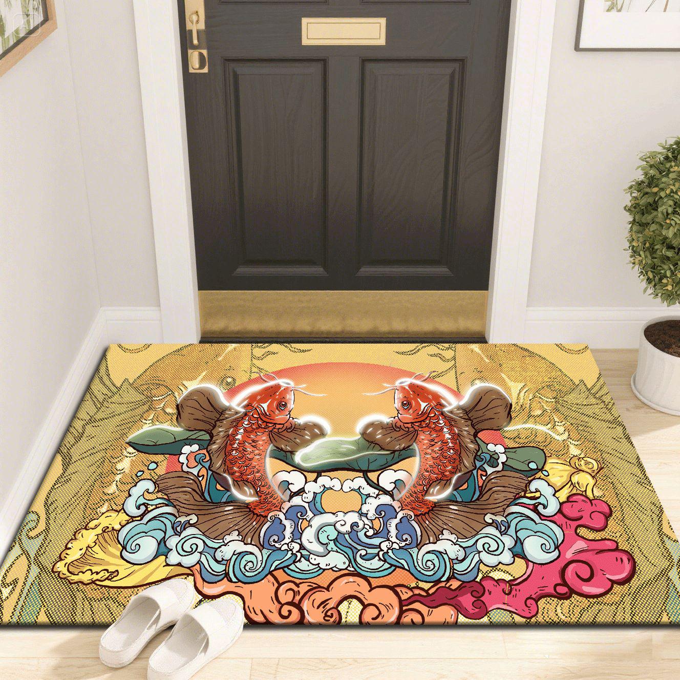 Blue Belgian Velvet Non-slip Floor Mat with Double Koi Design for Entryway 50x80cm
