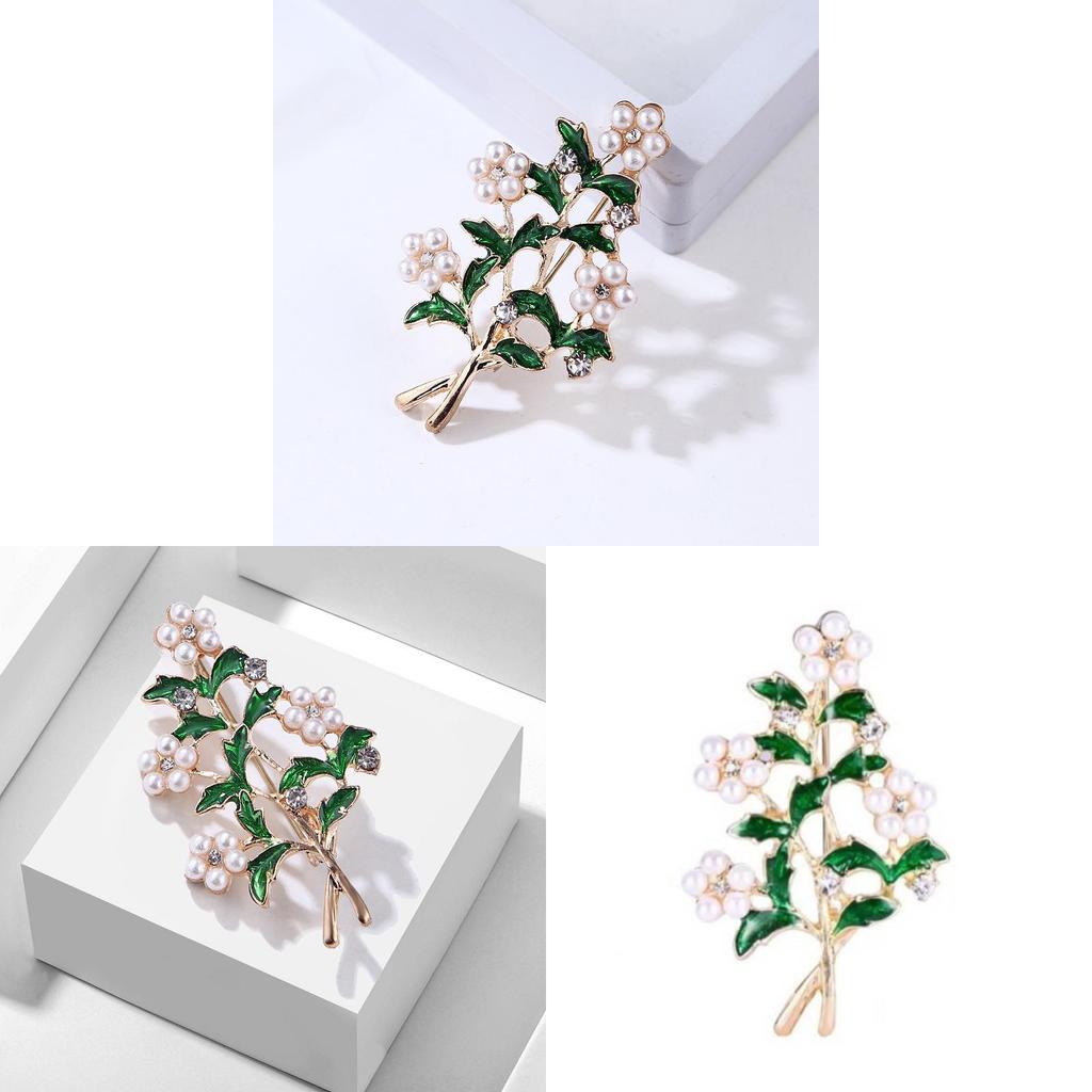 Vintage Green Leaf Brooch With Pearl And Rhinestone For Women Fashion Accessory