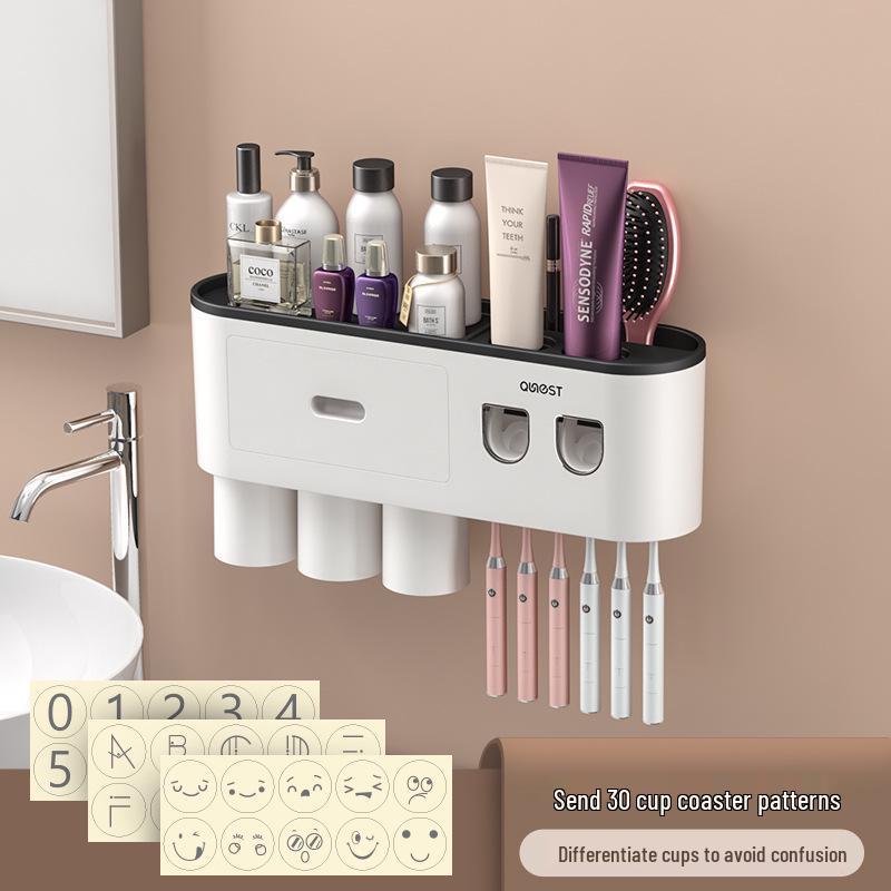 Punch-Free Wall-Mounted Toothbrush & Mouthwash Cup Set with Electric Toothpaste Dispenser