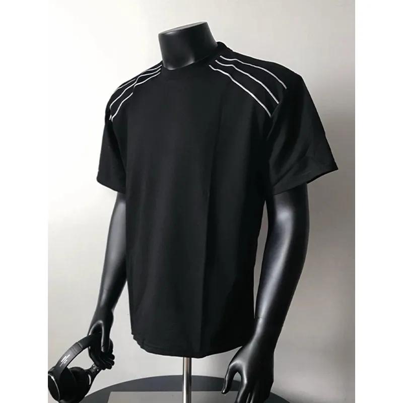 Men's Casual Loose Short Sleeve T-Shirt with Striped Shoulder Detail Black Crew Neck Top