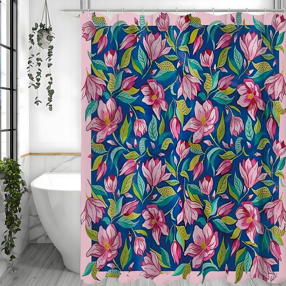 Pink Floral Blue Background Shower Curtain, Bathroom Decorative Shower Curtain, Waterproof Shower Curtain with Hooks
