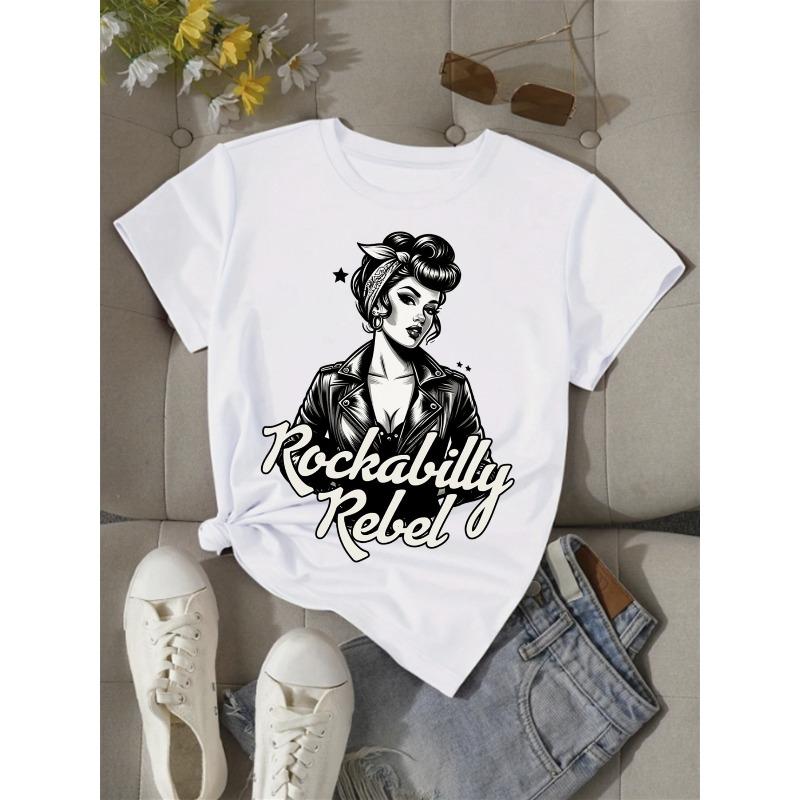 European Size Women'S Retro Rockabilly Graphic T-Shirt - Vintage-Inspired Casual Sporty Tee with Bold "Rockabilly Rebel" Print, Soft Stretch Fabric