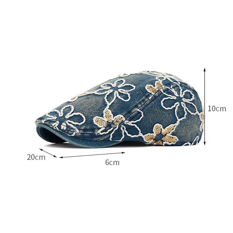Spring Summer Newsboy Hat Women Sequins Embroidered Flower Beret Denim Retro Progressive Hat